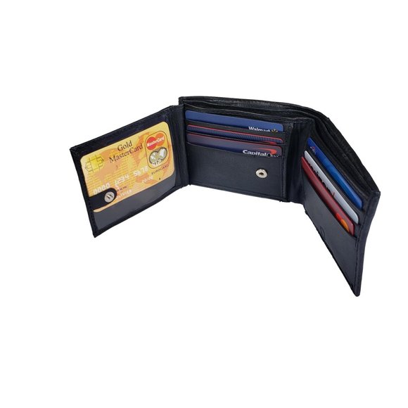 Men's Black Genuine Leather Bifold Traveler Wallet with Button NEW - Picture 2 of 10